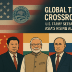 An editorial illustration showing Xi Jinping, Narendra Modi, and Vladimir Putin in front of their national flags, with the U.S. flag faded in the background and the SCO emblem above. The image highlights Asia’s rising alliances amid U.S. tariff setbacks.