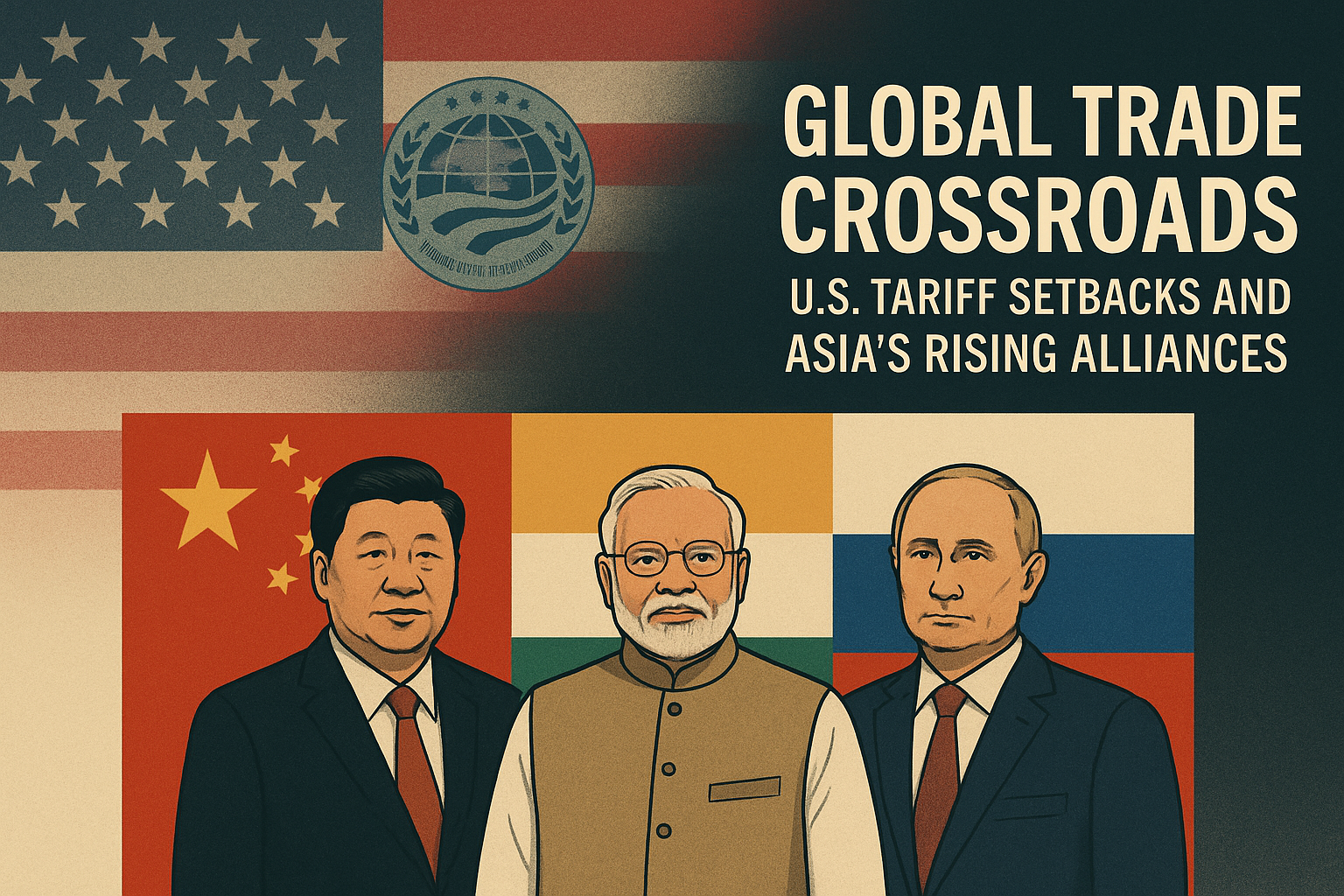 An editorial illustration showing Xi Jinping, Narendra Modi, and Vladimir Putin in front of their national flags, with the U.S. flag faded in the background and the SCO emblem above. The image highlights Asia’s rising alliances amid U.S. tariff setbacks.